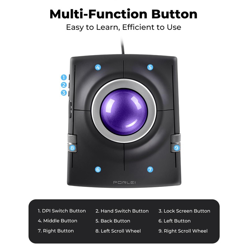 PORLEI Wired Trackball Mouse, Ergonomic Finger Control Trackball with 55mm