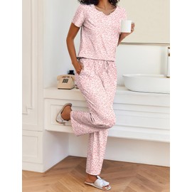 Ekouaer 2 Piece Womens Pajamas Short Sleeve Top and Long Pants Pjs Set Printed Sleepwear with Pocket Rose Pink Leopard X-Large