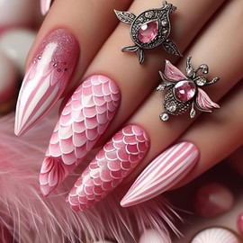 24Pcs Pink Mermaid Press on Nails Almond Fake Nails with Fish Scales Design Cute Summer Nails Press ons Full Cover Glue on Nails Reusable Acrylic False Nails Shiny Nail Art for Women