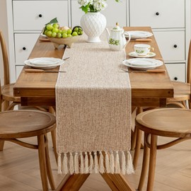 Alsoo Table Runner 72 Inches Long Rustic Table Runners with Tassels Boho Farmhouse Linen Style Table Runners for Table Decor, Holiday Party and Wedding, 13x72 Inches, Beige