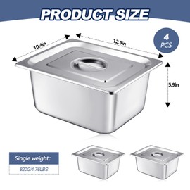 Mifoci 4 Pack Stainless Steam Hotel Pan with Lid, Steam Table Pan Restaurant Supplies Reusable Anti Rust Steam Pan Water Pan for Home, Party, Restaurant, Hotel, Buffet (1/2 Size X 6 Inch Deep)