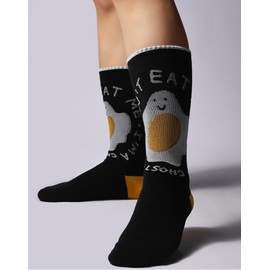 Angelteers 2 Pairs Cute Cartoon Plants Foods Cotton Crew Socks for Women Teens (US, Alpha, One Size, Regular, Regular, Fried Egg)