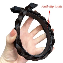 Denlydom Headband 3 Strands Synthetic Hair Plaited Headband Braid Braided With Teeth Hair Band Beauty accessory Stretch Braid Headbands Hairpiece for Women (Black brown-3 Strands)