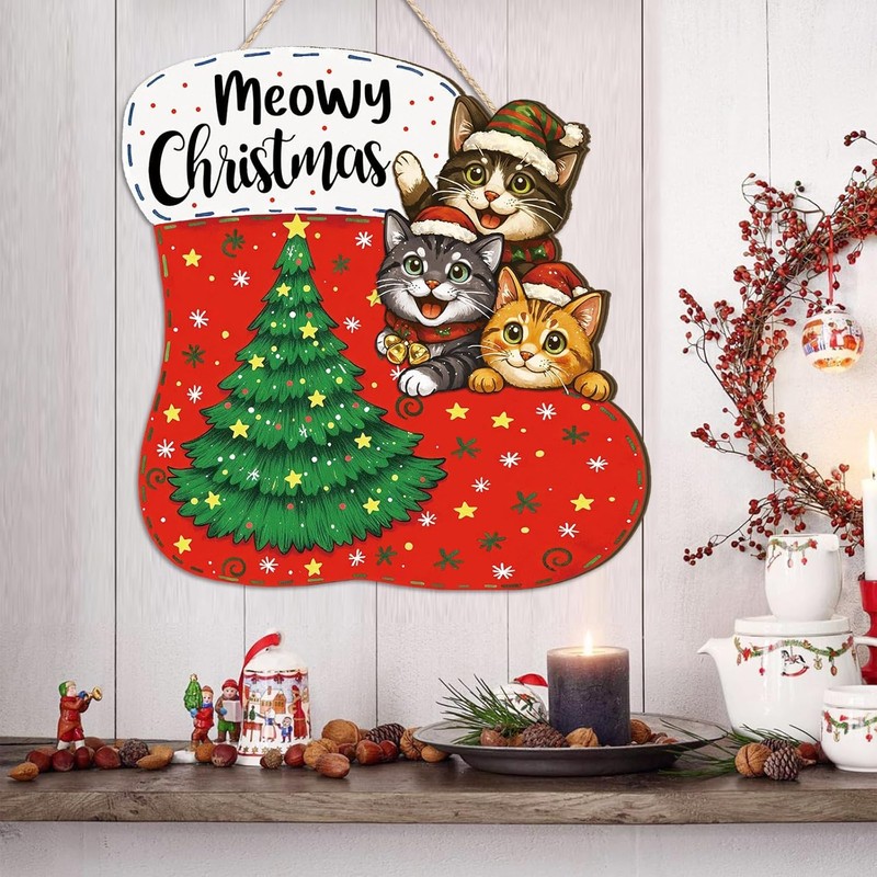 Meowy Christmas Wood Sign Merry Christmas Wall Hanging for Front
