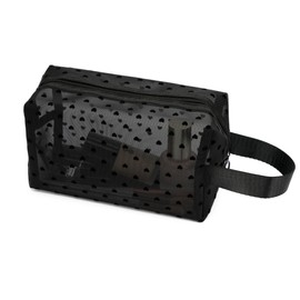 TOPASION Portable Mesh Makeup Bag with Zipper Small Travel Toiletry Bag Lightweight Cosmetic Pouch (Black&Black Heart with Handle)