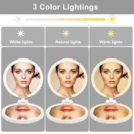 osteplus Travel Magnifying Mirror with 3 Colors Light, 7'' 1X/10X Makeup Mirror for Pocket, Travel, Rechargeable Portable 2-Sided Mirror with Touch Dimming for Girls,Women by White