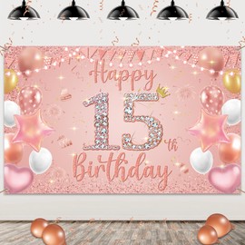 Happy 15th Birthday Decorations Banner - Pink Rose Gold Decoration Backdrop Photography Background, Fabric Sign Poster for 15 Years Old Girls Birthday Party Supplies