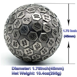 Cusdie D100 DND Metal Dice, 100 Sided Giant Metal Dice, Single D100 Polyhedral Dice with Metal Case and Dice Bag for RPGs (Ancient Silver)