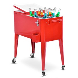 COSTWAY 80 Quart Rolling Cooler Ice Chest, Portable Bar Drink Cooler Cart with Wheels & Bottle Opener, Outdoor Patio Cooler Trolley for Camping, Picnic, Party, BBQ, Beach, Red