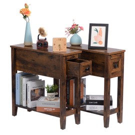 LUSUOWLZ Brown 2 Pack Chairside Narrow End Table with Drawer, Solid Recliner Side Table with Storage Shelf, Slim Nightstand Bedside Table for Bedroom