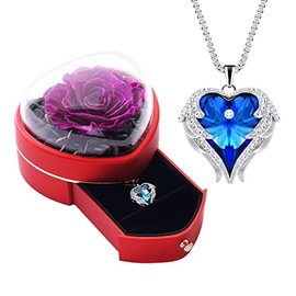 JLQPTX Preserved Real Purple Rose with Heart Necklace Gift for Women.Forever Rose Gifts for Mom Grandma on Mothers Day. Birthday Gifts for Women for Girlfriend