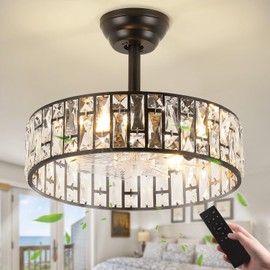 Merexcint Crystal Caged Ceiling Fan, 18" Modern Industrial Black Ceiling Fans with Remote Control Bladeless Ceiling Fans Lighting, Black Fandelier Fans for Bedroom, Living Room, 6 Speed