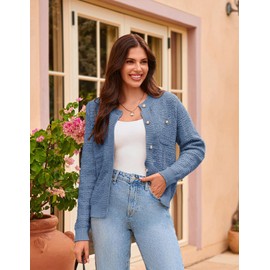 Women's Button Down Cardigan Round Neck Tweed Knit Long Sleeve Classic Sweater Trendy Dressy Sweaters 2024 Light Blue