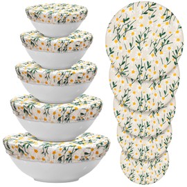 Patelai 10 Pcs Bowl Covers Reusable in 5 Size Stretch Cloth Fabric Elastic Food Storage Bowl Covers Bread Sourdough Lids for Proofing Food Fruits Leftover(Chrysanthemum)