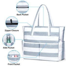 oscaurt Beach Bags for Women, Waterproof Beach Bag with 9 Pockets Large Capactiy Tote Bag with Zip Holiday Essentials for Women