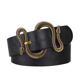 Alphyly Neries Snake Belt, Women’s Black Faux Leather Fashion Belt, Vintage Gold Buckle, 39” Long, Fits Waist Sizes 29-32”