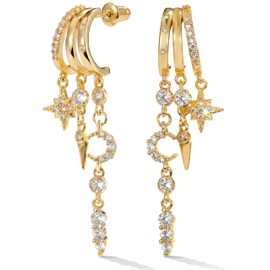 MUMREUES 14K Gold Plated Dangle Drop Stud Earrings for Women Trendy Zirconia Moon Star Hypoallergenic Jewelry Cool Hanging Unique Fun Everyday Statement Hoop Huggie Dainty Earrings Sensitive Ears