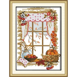 Amiiba Stamped Cross Stitch Kits, The Autumn of Four Seasons, Windowsill Mason Jars Pumpkin DIY 11CT 9x12.9 inch (Window)