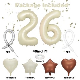 26 Cream White Balloons, 26 Number Balloons Set, Beige Number 26 Balloons, Brown Sand White Foil Star Heart Balloons With Long Balloons For 26th 62th Birthday Party 1st 6th Baby Shower Decor