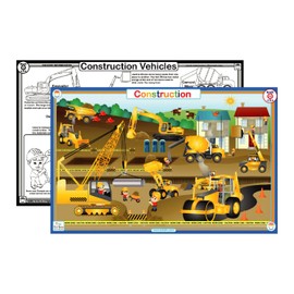 Tot Talk Construction Educational Placemat for Kids – Made in USA – Durable, Double-Sided, Construction Equipment Facts & Coloring– Waterproof, Wipeable, 17.5” x 11.5”