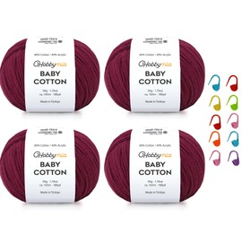 HobbyMia Baby Cotton Yarn for Crocheting - 50g / 180yds - (2) Fine, Sport Weight Yarn - Amigurumi Yarn for Crochet Thread - 60% Cotton & 40% Acrylic & 10 Stitch Makers (Claret Red, 4 Balls)