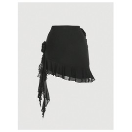 Verdusa Women's 3D Floral Tiered Layer Mesh mini Skirt Coquette Ruffle Hem Bodycon Short Skirts Black Large