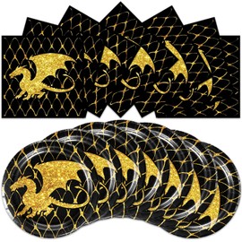 MASGY 40pcs Dragon Birthday Party Supplies,include 20 Dessert Plate, 20 Napkin,for Black and Gold Dragon Disposable dessert tableware,Used for Dragon Party Decoration