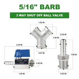 TAISHER 304 Stainless Steel 3 Way Shut Off Ball Valve，5/16" Hose Barb 2 Switch Y Shaped Valve for Fuel/AIR/Lquid/Gas