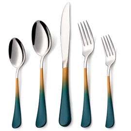 Lekoton 20 Piece Green and Orange 18/0 Flatware Utensil Set for 4, Include Dinner Knife,Dinner Forks,Dinner Spoons,Salad Forks,Teaspoons,Silverware Set for 4, Dishwasher Safe