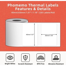 Phomemo 3Roll 40x30mm 230Labels Phomemo Self-Adhesive Label M120/M110/M220 Thermal Paper