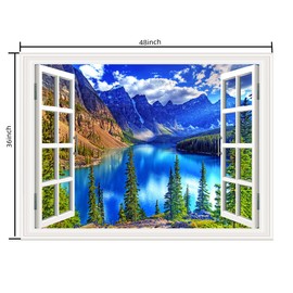 THNWSY 3D Self-Adhesive Painting Fake Window Wall Stickers Tropical Island with Palm Trees Wall Mural Window View Wall Decor for Home (36"×48", Cunninghamia lanceolata Lake)