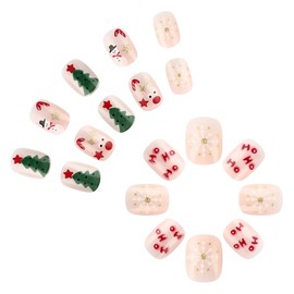 Christmas Press on Nails Short Christmas Fake Nails with Snowman Snowflake Designs Almond Acrylic Glue on Nails Cute Christmas Tree Finger Xmas Winter False Nails Manicure Decor for Women 24Pcs