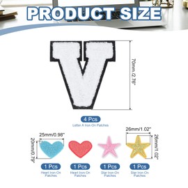 PATIKIL - Paquete de 4 parches para planchar y coser letras en V, parches de tela del alfabeto con parche de estrella de corazón para decoración de disfraces de equipo, ropa, sombreros, jeans