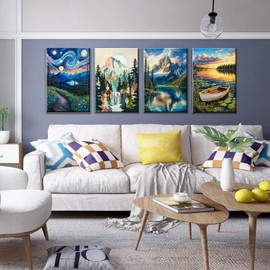 JOOZ 4 Pack Paint by Numbers Kit for Adults with Frame Mountain Paint by Number with Easel DIY Lake Adult Paint by Number Kit on Canvas Boat Oil Painting Kits for Home Wall Decor 8x12 Inch