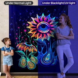 ADDWel Blacklight Sunflower Tapestry, Hippie Eye Tapestry Glow In The Dark, UV Reactive Black Light Upright Posters Wall Hanging for Bedroom Dorm Living Room Backdrop Decor