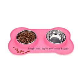 Small 13.8 oz Dog Bowl with Two Stainless Steel Feeders, No Spill, Non-Skid, Easy to Clean Food Mat for Feeding Small Dogs Cats & Puppies (Pink)