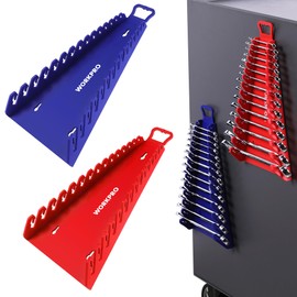 WORKPRO Magnetic Wrench Organizer, 15-Slot Gripper Reverse Wrench Holder for Tool Box, 2-Pack Wrench Rack Fits SAE (1/4” to 1-1/16") and Metric (6mm to 27mm), Flexible Grips, Blue and Red