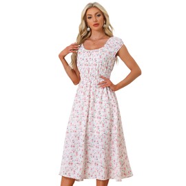 Allegra K Women's Floral Dresses Square Neck Puff Short Sleeves Flare Midi Dress X-Small White