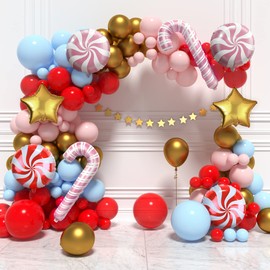 HOUSE OF PARTY Christmas Balloons Arch Kit - 110 Pcs | Pink, Baby Blue, Red, Gold Christmas Foil Balloons | Mylar Balloons with Candy Cane for Christmas Decoration