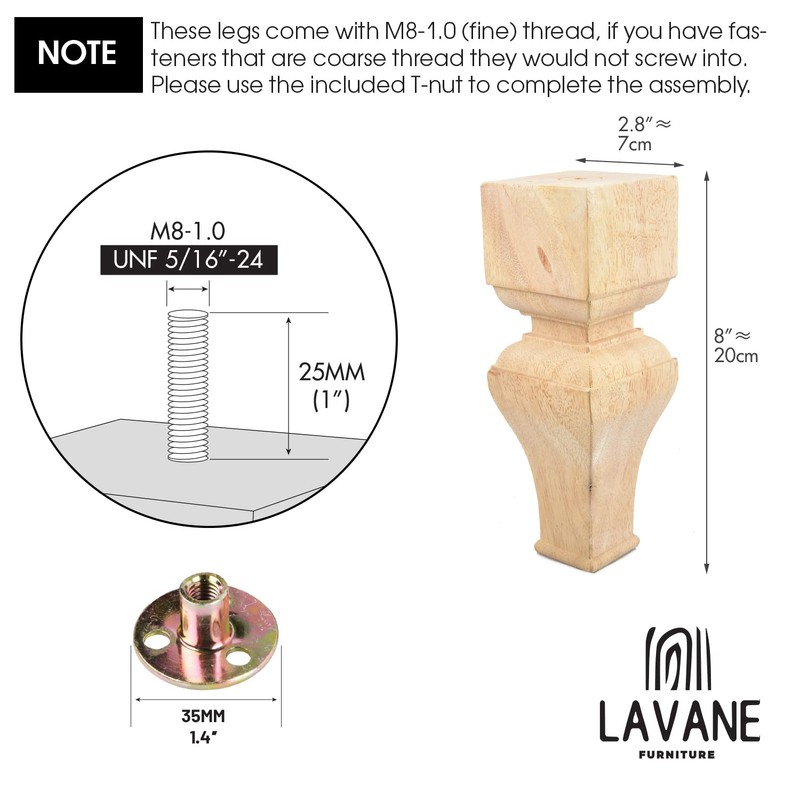 La Vane 8 inch / 20cm Wooden Furniture Legs, Set