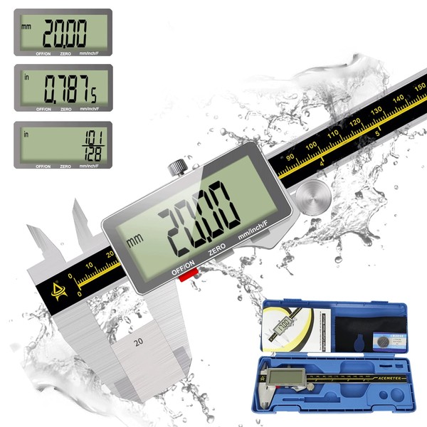 Digital Caliper,ACEMETER 0-6" Vernier Calipers Measuring Tool-Electronic Micrometer with Large LCD Screen,Metal Metric Measure Caliper for Engineer Carpenter,Auto-Off Feature,Inch/Fraction/Millimeter