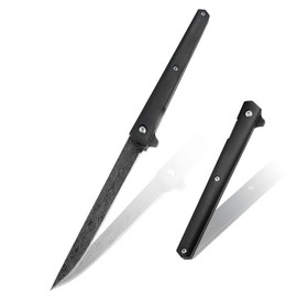 Cuchillo de bolsillo delgado Carimee de 4'' de apertura, cuchillo caballero multifuncional EDC con patrón damasco, hoja láser D2 de acero inoxidable con funda de cuero - hoja curva