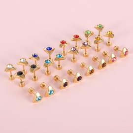 12 Pairs Surgical Stainless Steel Flat Back Birthstone Cubic Zirconia Stud Earrings, Gold Plated Screw Back Round Star Heart Flower Hexagon Triangle CZ Stud Earrings Set (Gold triangle 8mm)