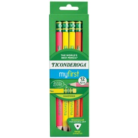 Ticonderoga My First Tri-Write Wood-Cased Pencils, Pre-Sharpened, 2 HB, With Erasers, Neon Colors, 12 Count