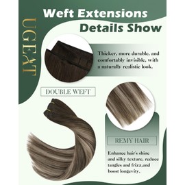 Ugeat Sew in Hair Extensions Dark Brown Ombre Ash Brown Balayage Human Hair Extensions Sew in Straight Remy Hair Weft Extensions Balayage Brown Weft Hair Extensions for Women 22 Inch 100g