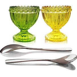 NobleEgg Egg Cups for Soft Boiled Eggs | Green Yellow Glass | 2 Egg Spoons | Set for 2