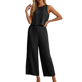 IWOLLENCE Women's Summer 2 Piece Outfits Set Round neck Sleeveless Tank Crop Top Wide Leg pants Set Pockets Jumpsuits Black Small