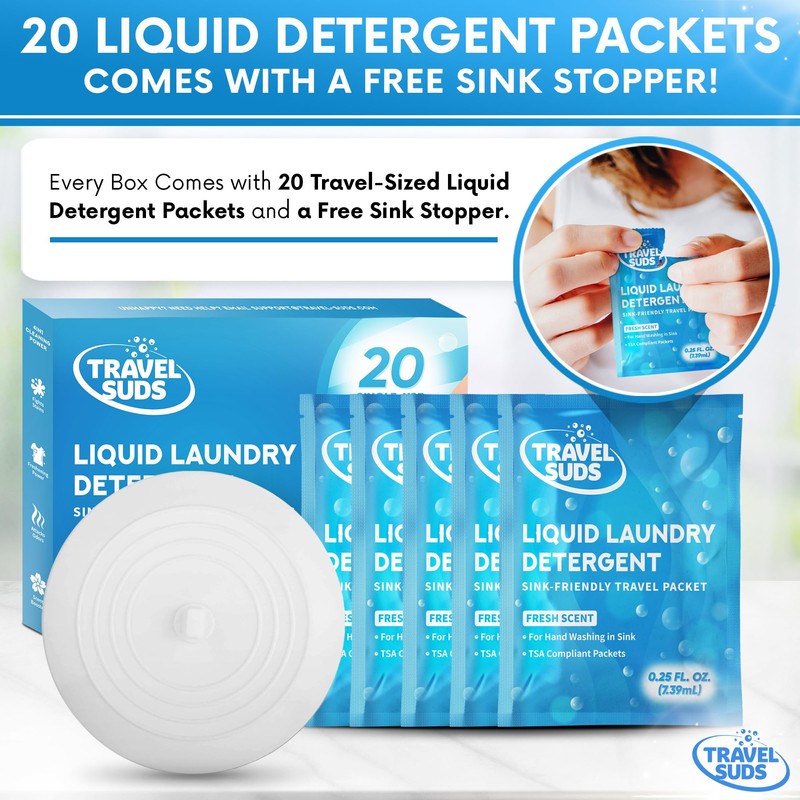 TravelSuds Laundry Detergent Packets (20 Pack) | Travel Detergent for