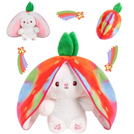 MIAODAM Rainbow Strawberry Bunny Stuffed Animal, Rainbow and Strawberry Bunny Plush Turn Into Rabbit Fruit Doll, Plushie Funny Bunny Toy for Baby (10 inch)