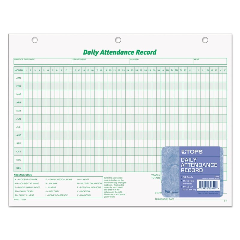 TOPS 3284 Daily Attendance Card, 8 1/2 x 11, Green;